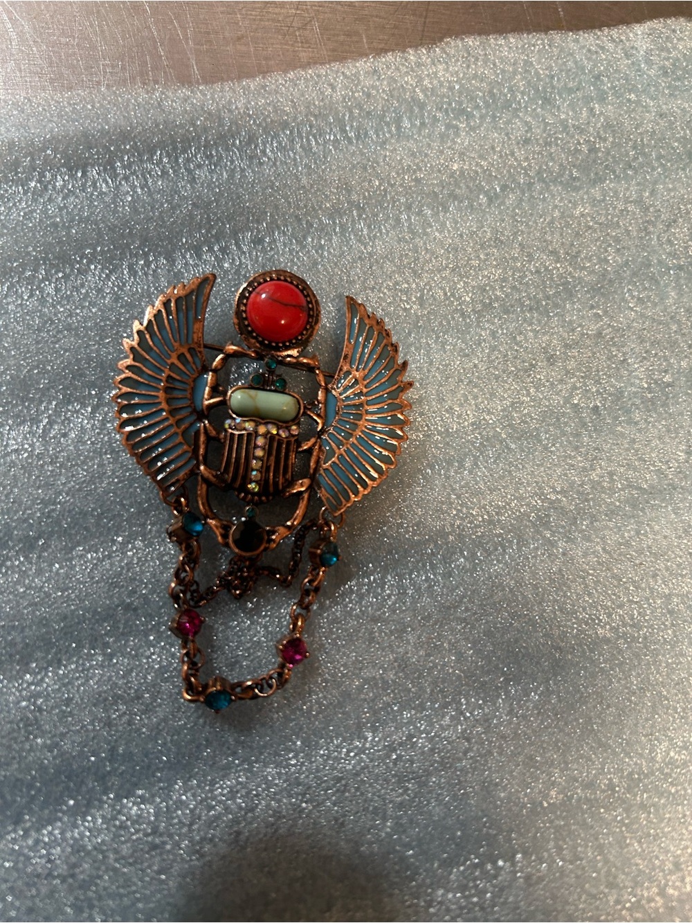 Source Unknown Blue and Coral Winged Scarab Brooch with Chain Drops - Picture 4 of 7